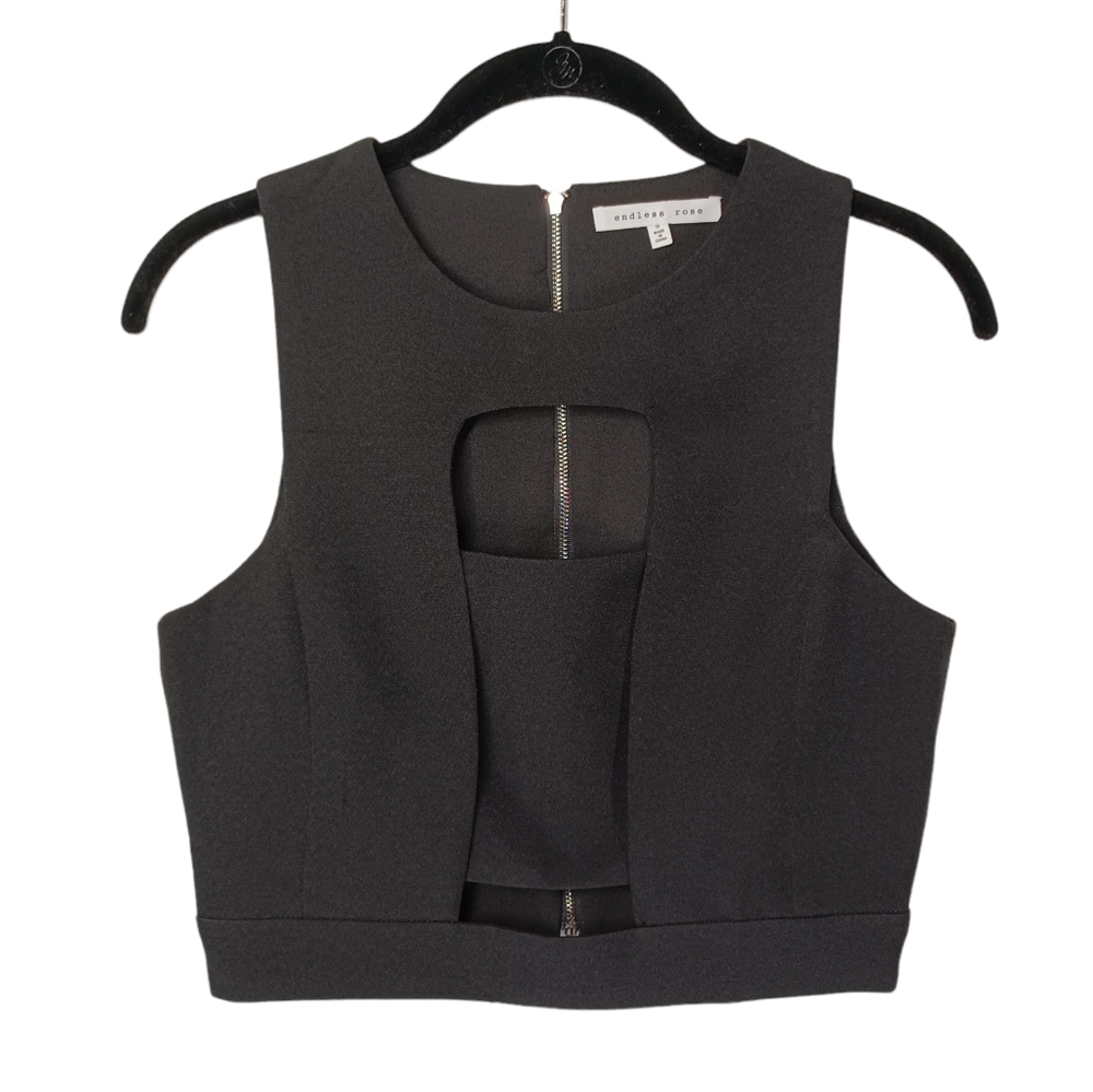 ENDLESS ROSE Sleeveless Cut Out Zipper Black Semi Crop Top Small